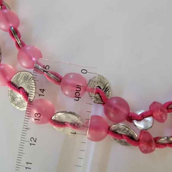 Vintage Pink Multi Strand Bead Necklace Silver Discs Statement Costume Jewelry - Picture 6 of 10